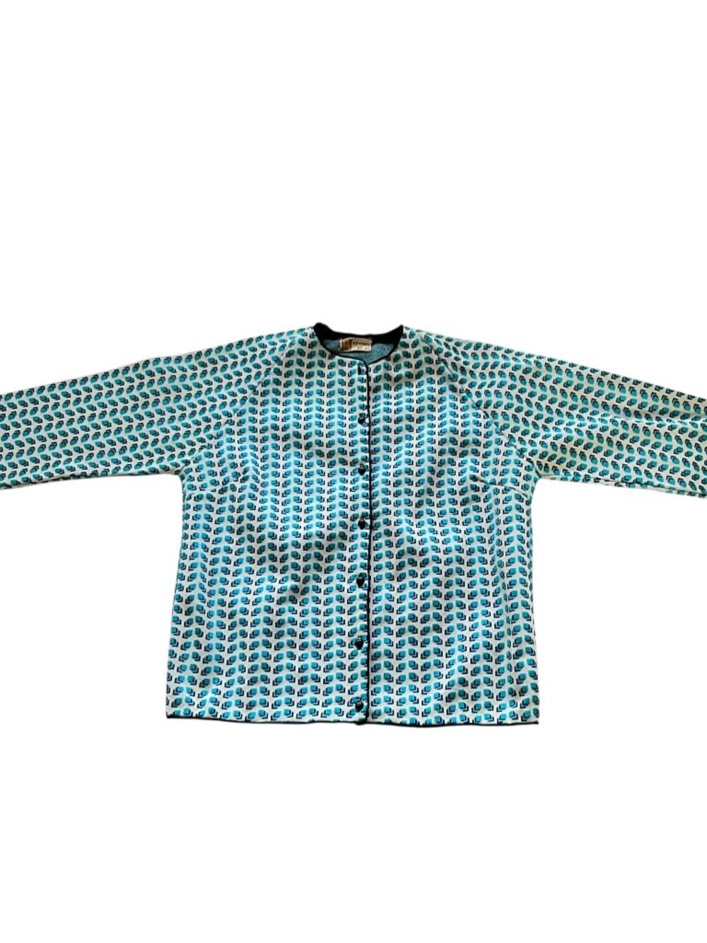 Vintage 1960s cardigan sweater Lady Spear blue white black medium